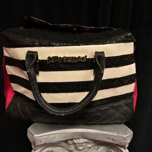 Betsey Johnson Black and White Striped Satchel with Red Accents